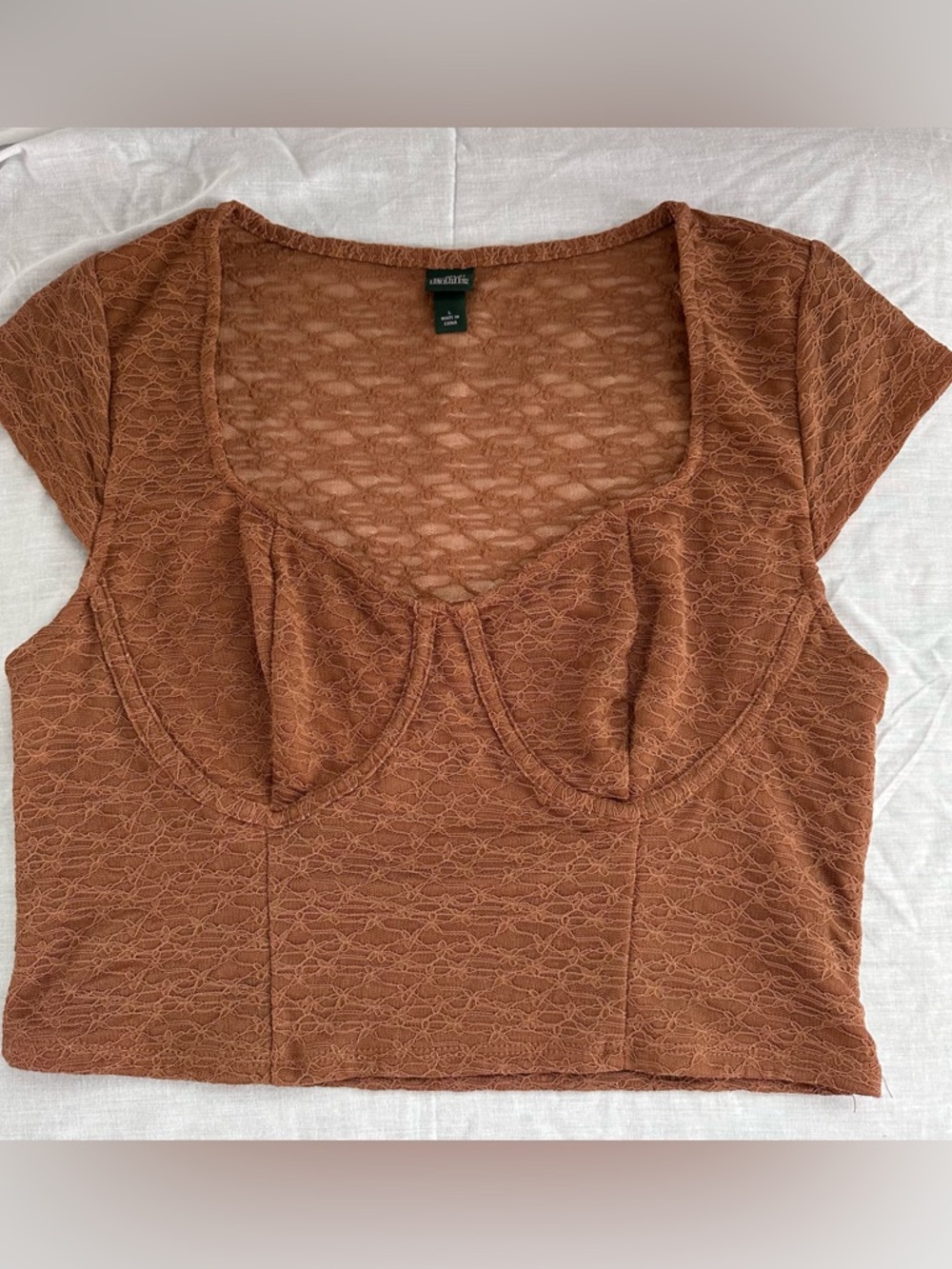 Wild Fable Lace Corset Style Crop Top Brown Short Sleeve Size Large